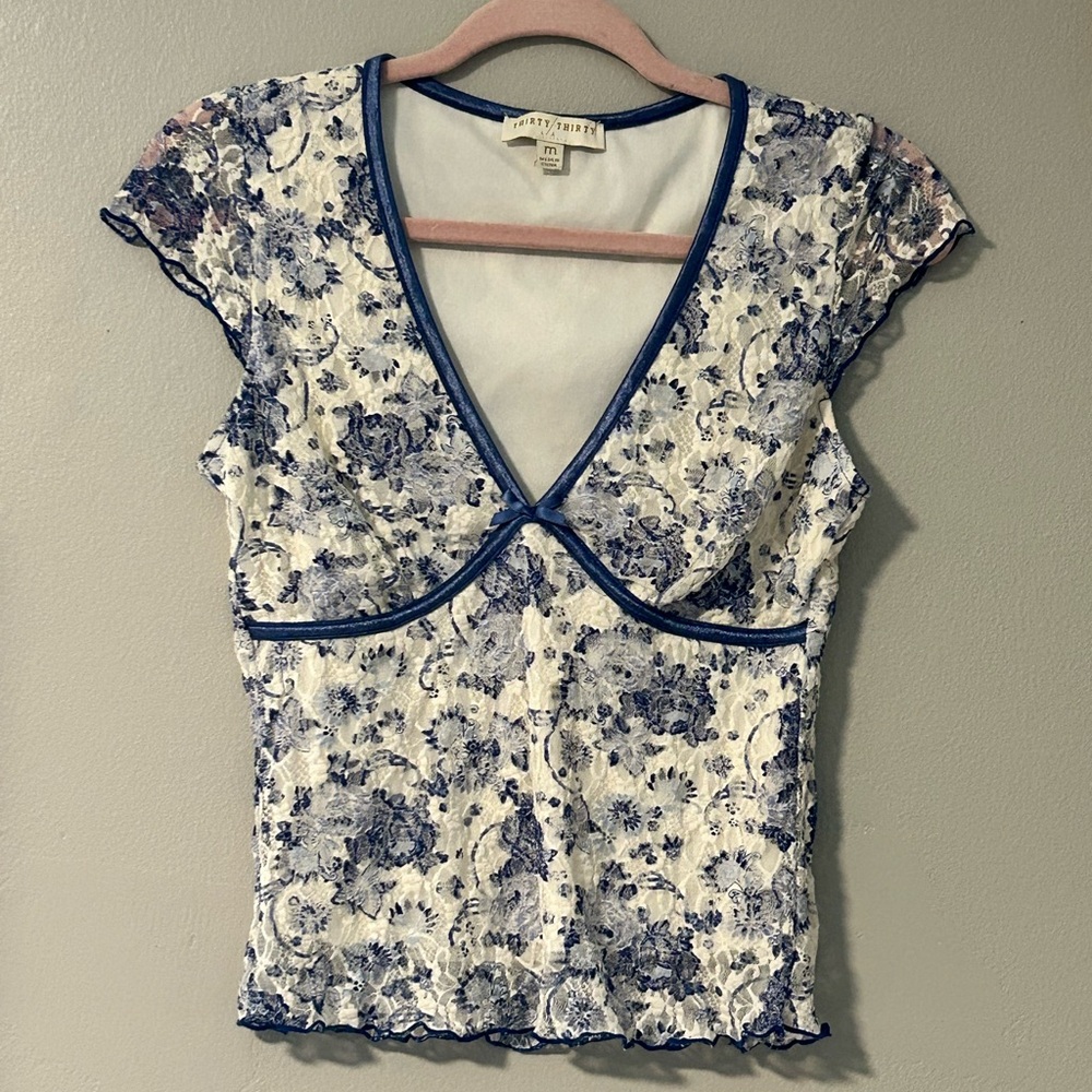 Blue and White Floral Top